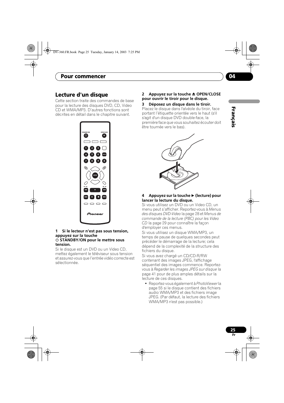 Lecture d'un disque, Pour commencer 04, Français | Pioneer DV-2650-S User Manual | Page 25 / 128