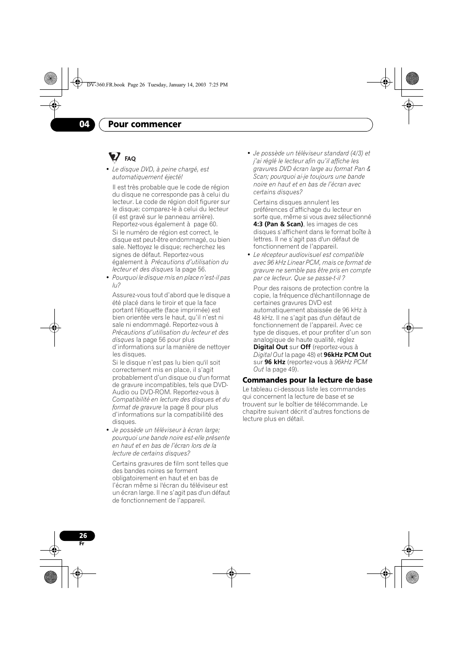 Commandes pour la lecture de base, Pour commencer 04 | Pioneer DV-2650-S User Manual | Page 26 / 128