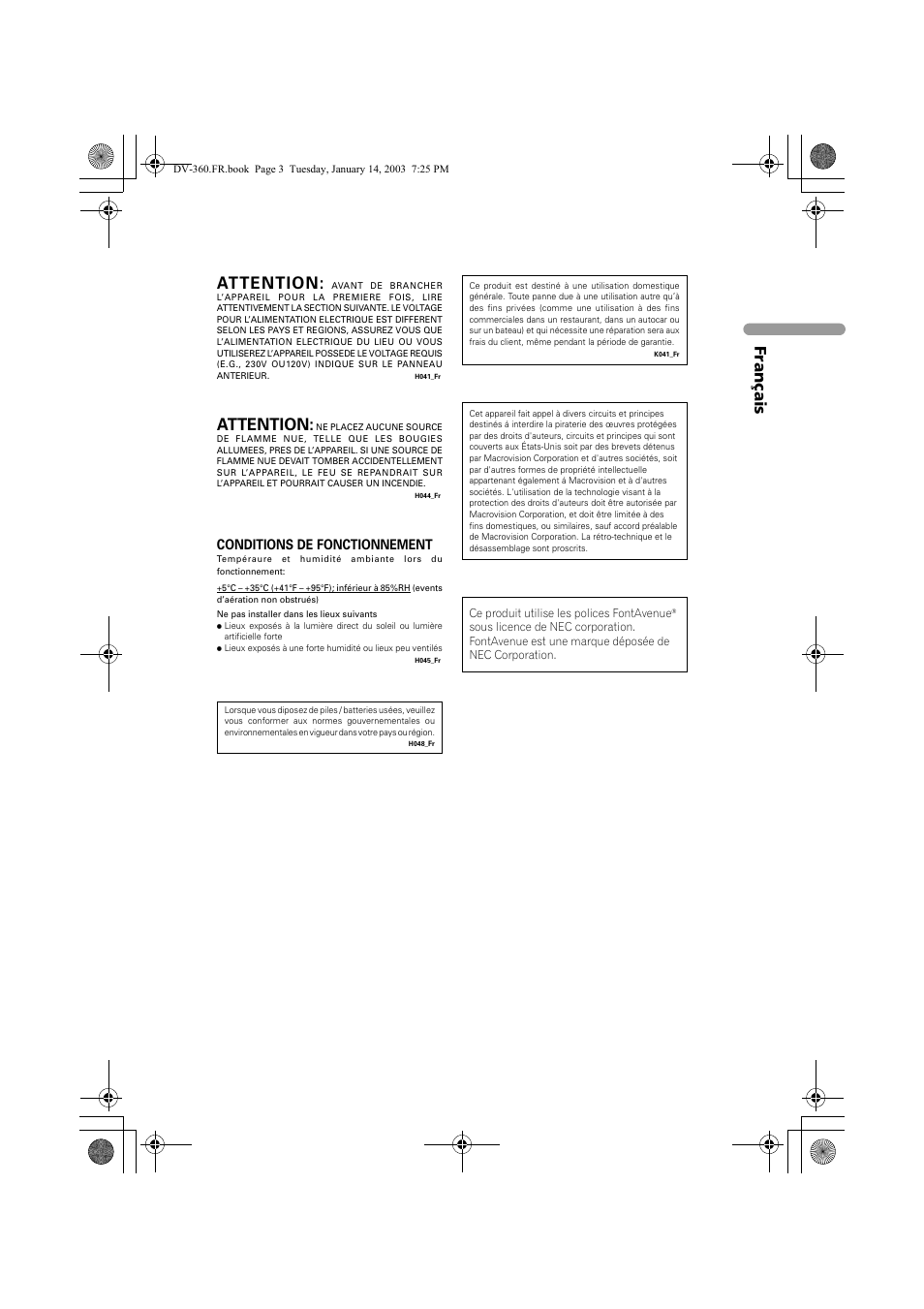 Attention, Français, Conditions de fonctionnement | Pioneer DV-2650-S User Manual | Page 3 / 128