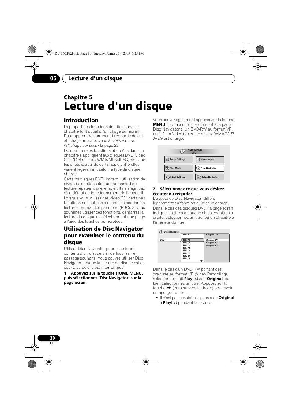 Introduction, Lecture d'un disque, Lecture d'un disque 05 | Chapitre 5 | Pioneer DV-2650-S User Manual | Page 30 / 128