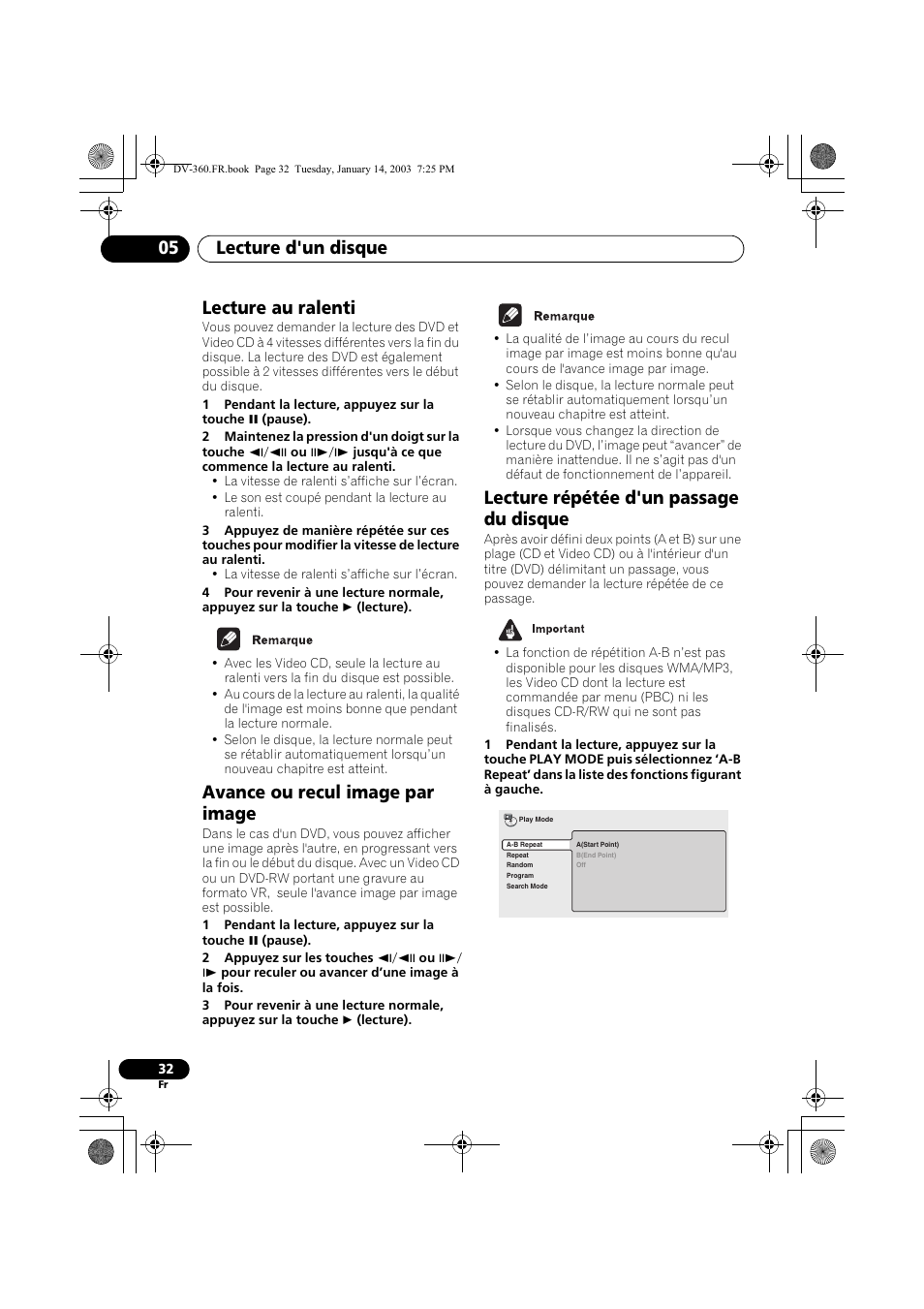 Lecture au ralenti, Avance ou recul image par image, Lecture répétée d'un passage du disque | Lecture d'un disque 05 | Pioneer DV-2650-S User Manual | Page 32 / 128