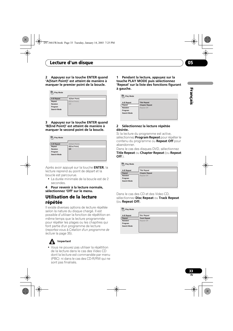 Utilisation de la lecture répétée, Lecture d'un disque 05, Français | Pioneer DV-2650-S User Manual | Page 33 / 128