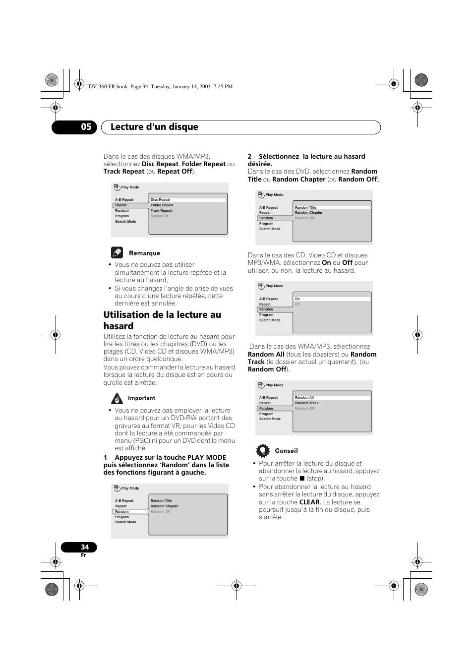 Utilisation de la lecture au hasard, Lecture d'un disque 05 | Pioneer DV-2650-S User Manual | Page 34 / 128