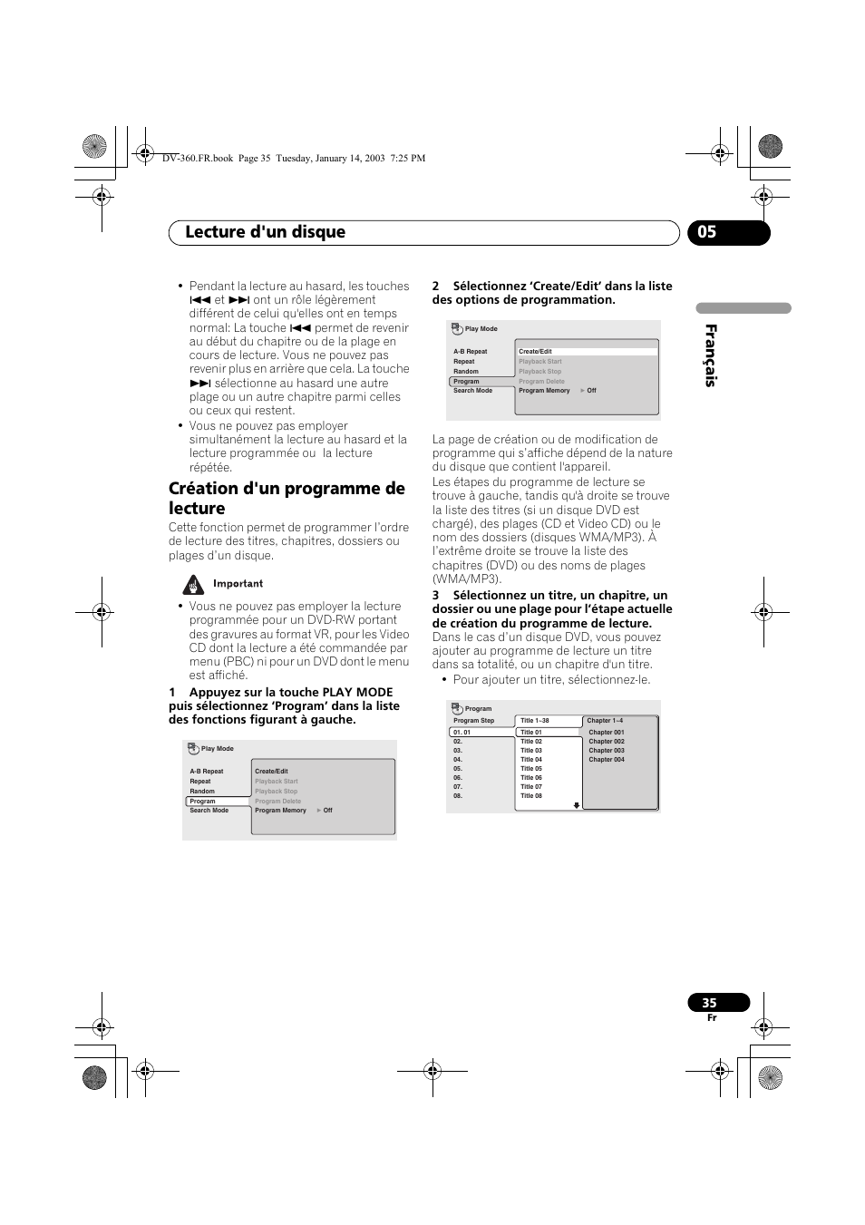 Création d'un programme de lecture, Lecture d'un disque 05, Français | Pioneer DV-2650-S User Manual | Page 35 / 128