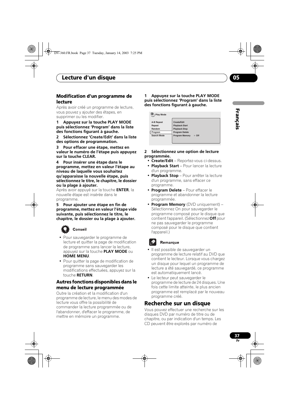 Modification d’un programme de lecture, Recherche sur un disque, Lecture d'un disque 05 | Français | Pioneer DV-2650-S User Manual | Page 37 / 128