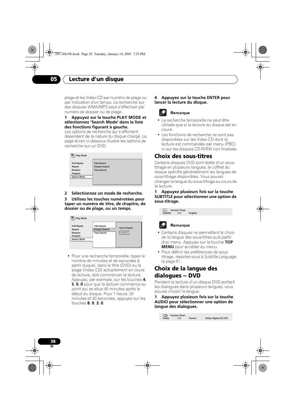 Choix des sous-titres, Choix de la langue des dialogues -- dvd, Lecture d'un disque 05 | Pioneer DV-2650-S User Manual | Page 38 / 128