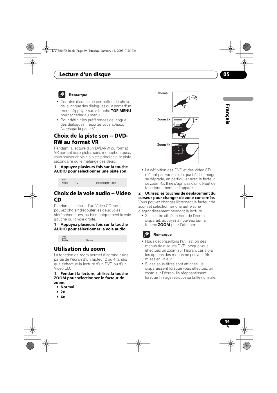 Choix de la piste son -- dvd-rw au format vr, Choix de la voie audio -- video cd, Utilisation du zoom | Lecture d'un disque 05, Choix de la piste son -- dvd- rw au format vr, Français | Pioneer DV-2650-S User Manual | Page 39 / 128
