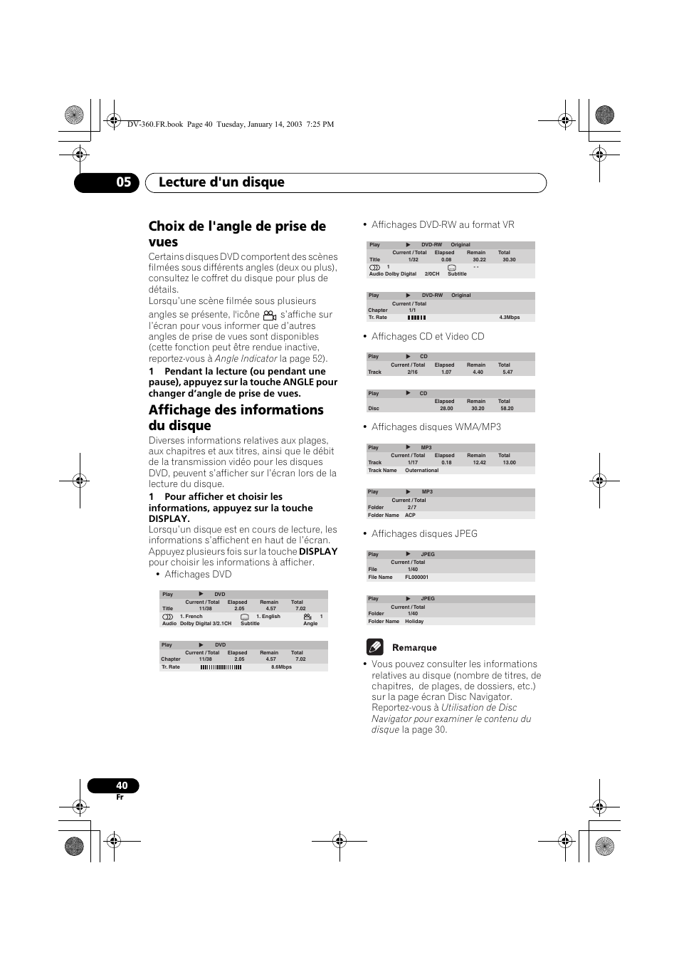 Choix de l'angle de prise de vues, Affichage des informations du disque, Lecture d'un disque 05 | Pioneer DV-2650-S User Manual | Page 40 / 128