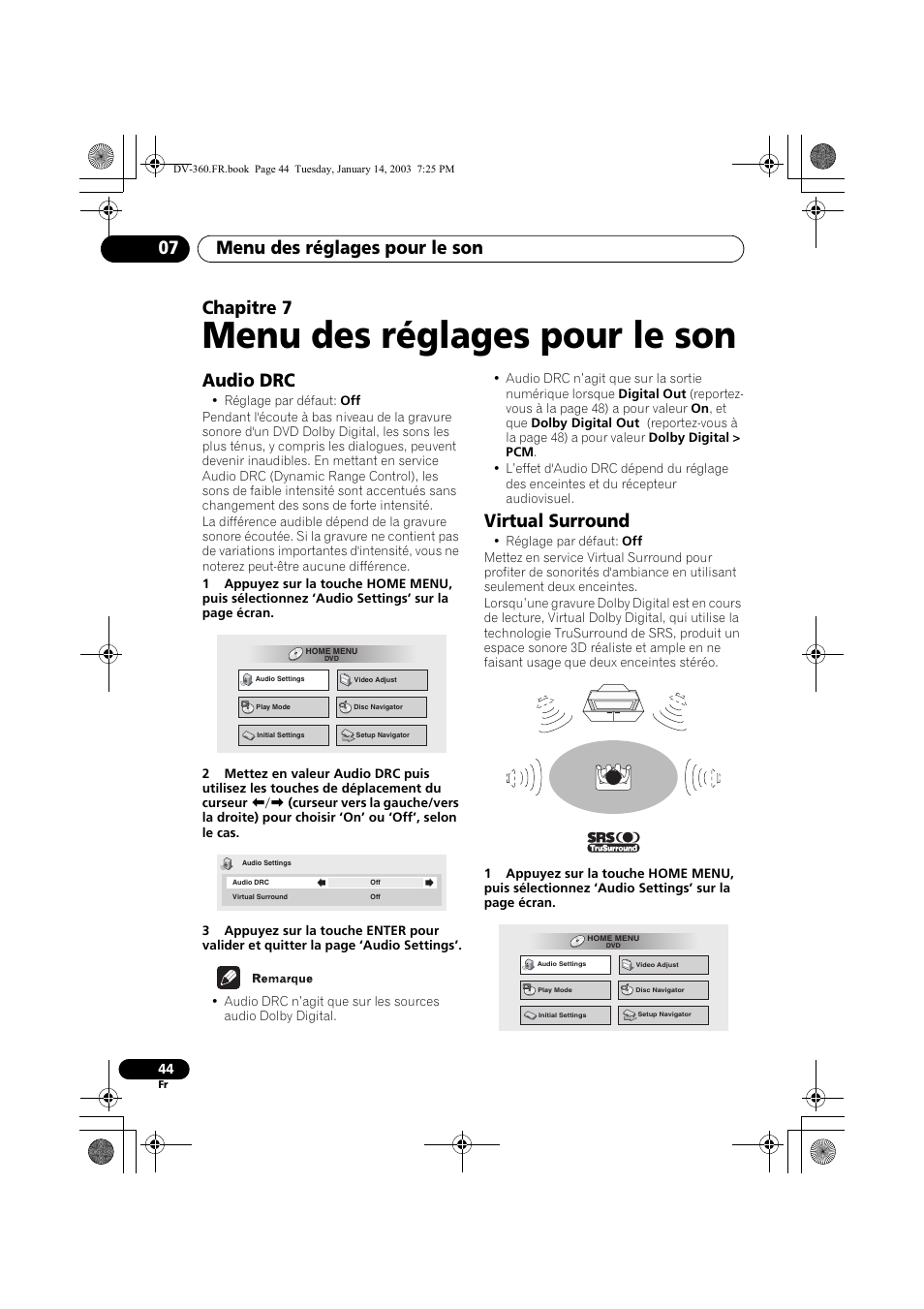 Audio drc, Virtual surround, Menu des réglages pour le son | Menu des réglages pour le son 07, Chapitre 7 | Pioneer DV-2650-S User Manual | Page 44 / 128