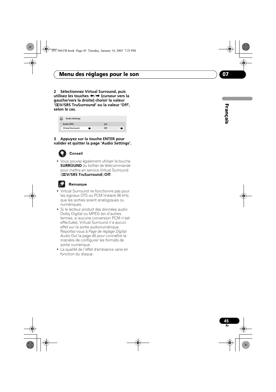 Menu des réglages pour le son 07, Français | Pioneer DV-2650-S User Manual | Page 45 / 128
