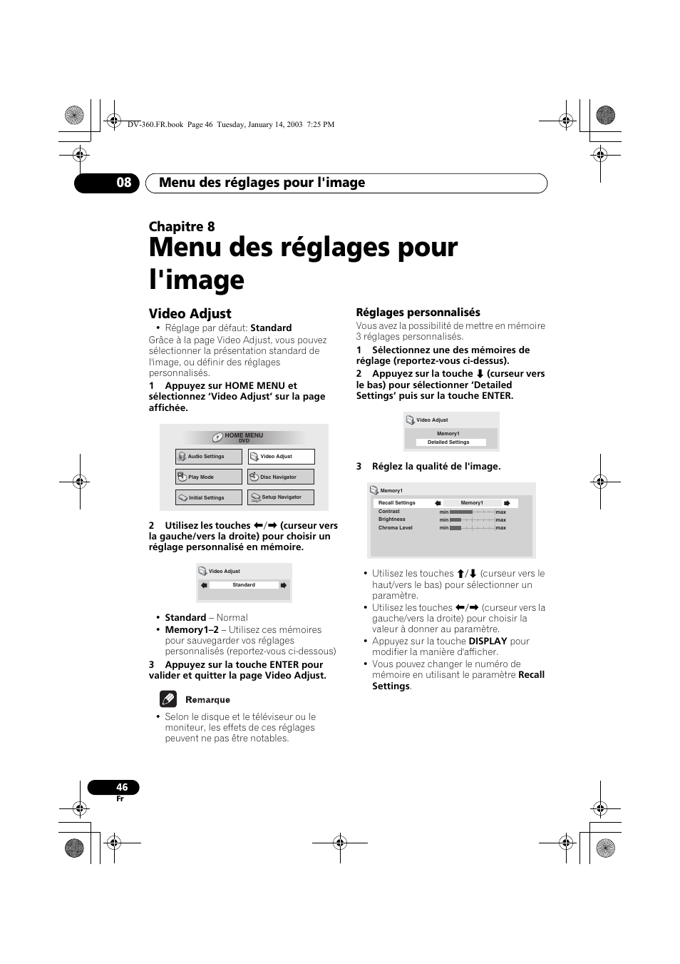 Video adjust, Réglages personnalisés, Menu des réglages pour l'image | Menu des réglages pour l'image 08, Chapitre 8 | Pioneer DV-2650-S User Manual | Page 46 / 128