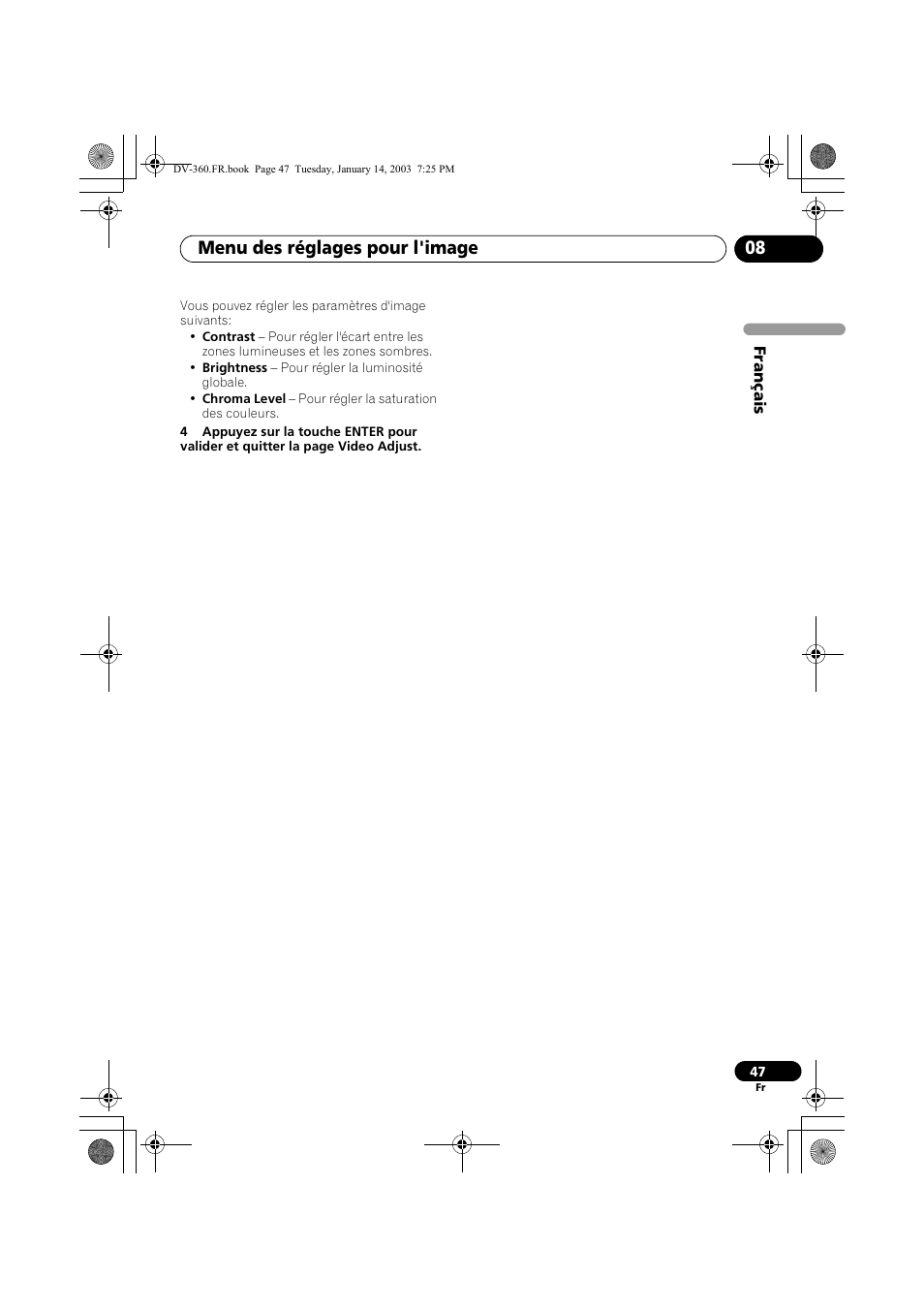 Menu des réglages pour l'image 08 | Pioneer DV-2650-S User Manual | Page 47 / 128