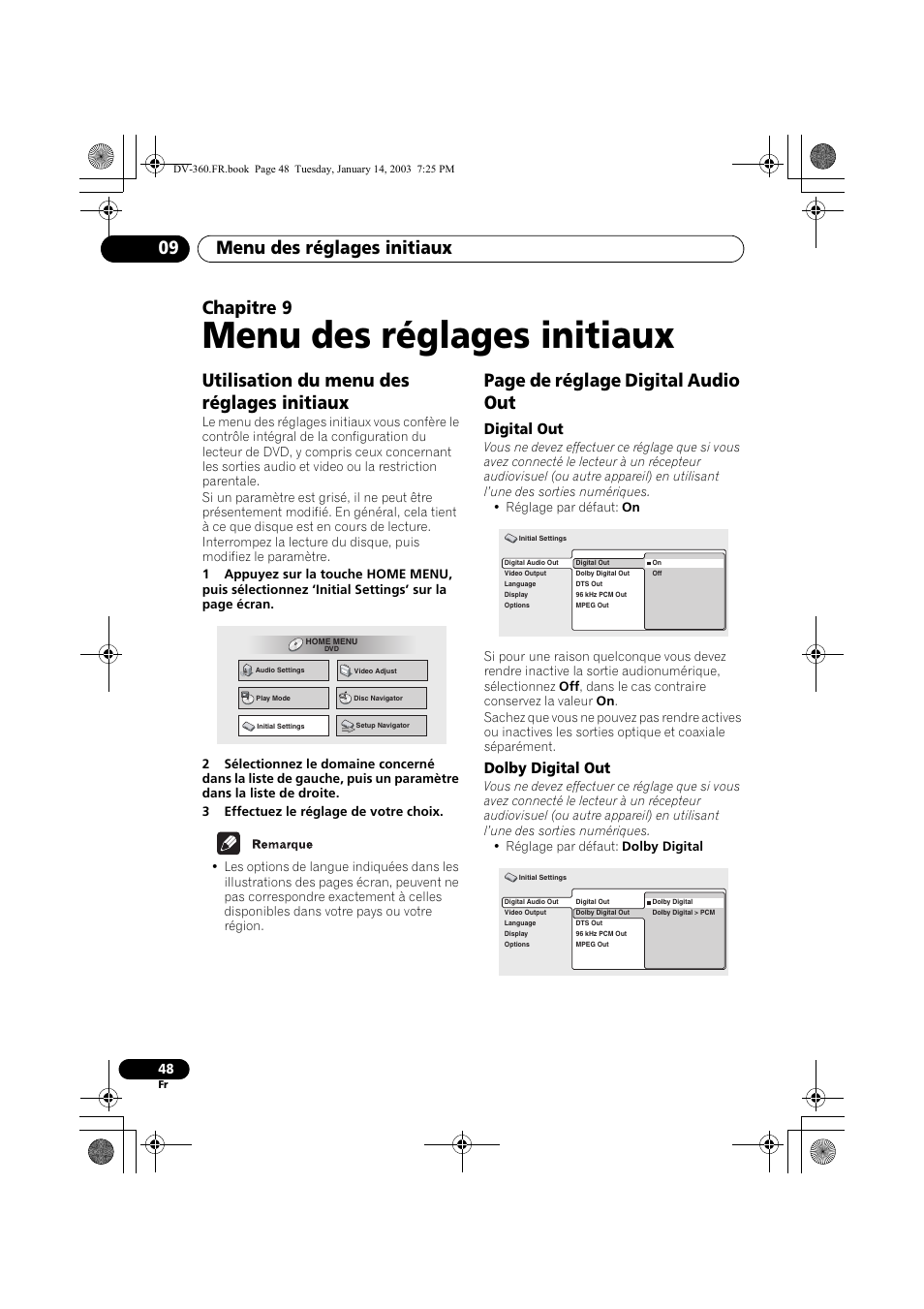 Digital out, Dolby digital out, Menu des réglages initiaux | Menu des réglages initiaux 09, Chapitre 9, Utilisation du menu des réglages initiaux, Page de réglage digital audio out | Pioneer DV-2650-S User Manual | Page 48 / 128