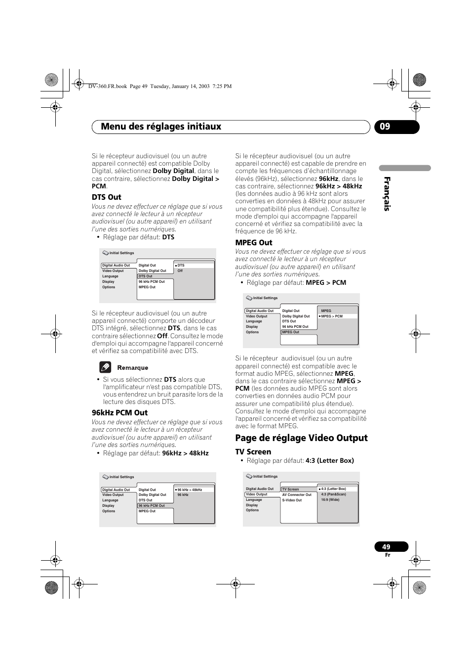 Dts out, 96khz pcm out, Mpeg out | Tv screen, Menu des réglages initiaux 09, Page de réglage video output, Français | Pioneer DV-2650-S User Manual | Page 49 / 128