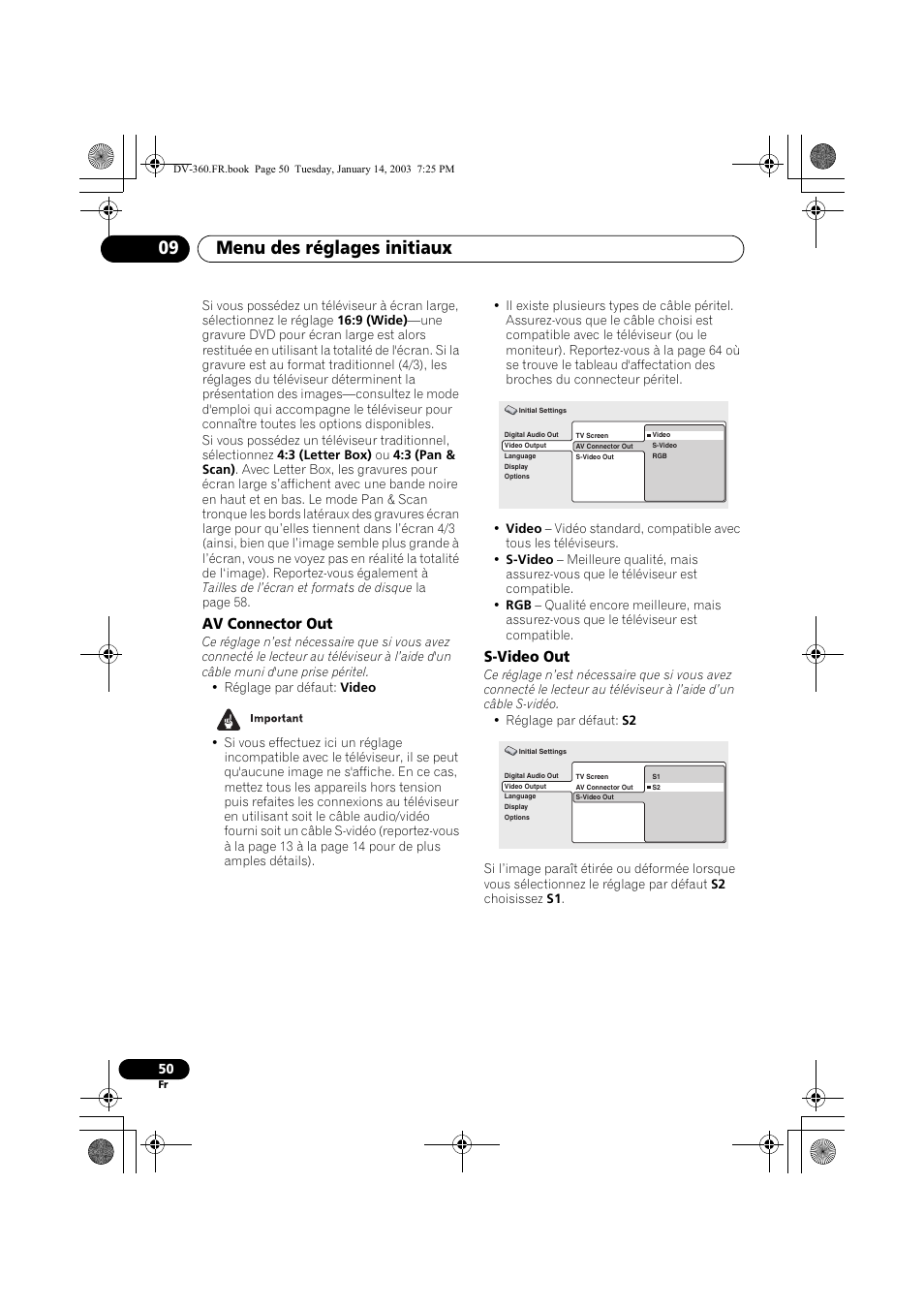 Av connector out, S-video out, Menu des réglages initiaux 09 | Pioneer DV-2650-S User Manual | Page 50 / 128