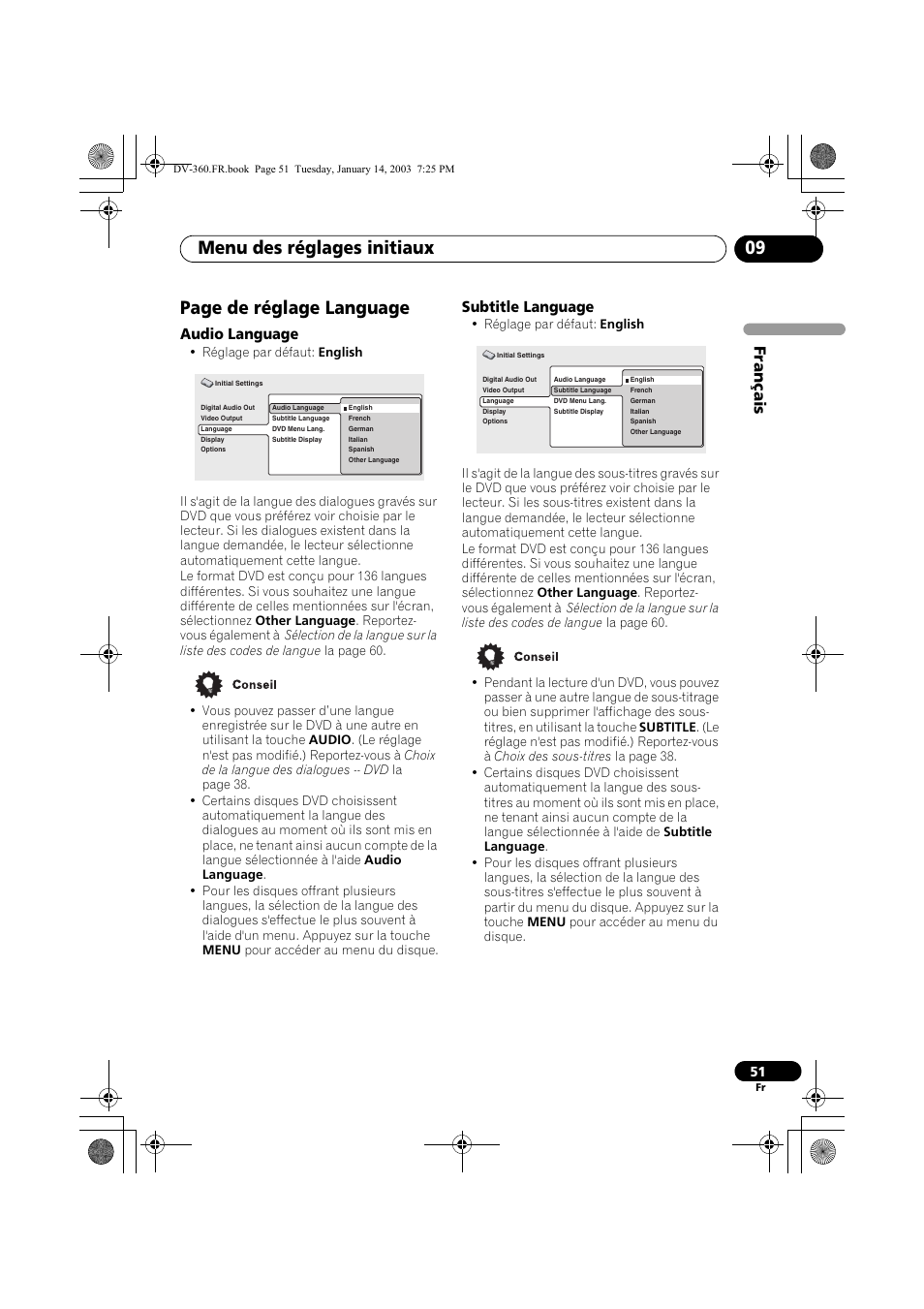 Audio language, Subtitle language, Menu des réglages initiaux 09 | Page de réglage language, Français | Pioneer DV-2650-S User Manual | Page 51 / 128