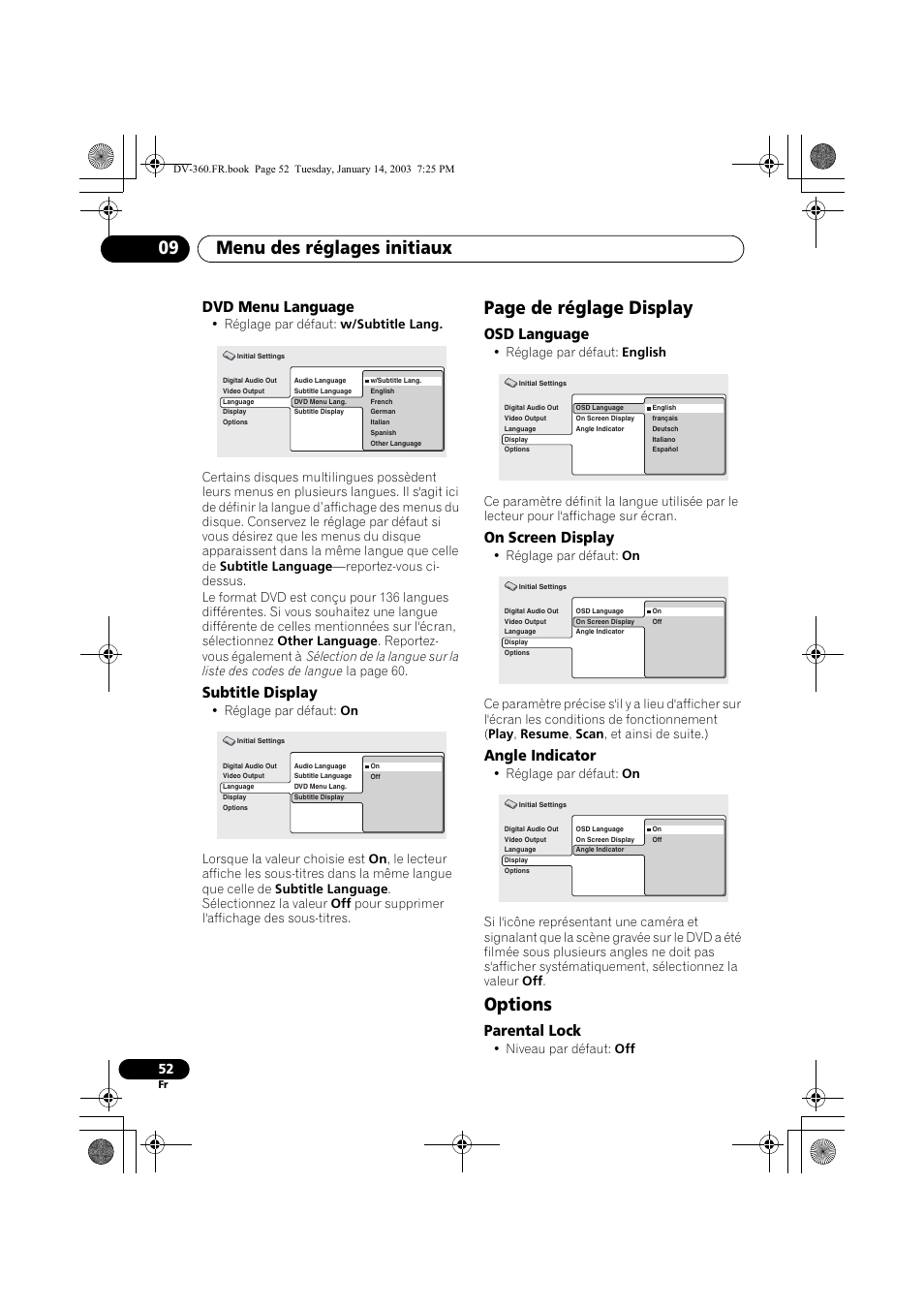 Dvd menu language, Subtitle display, Osd language | On screen display, Angle indicator, Options, Parental lock, Menu des réglages initiaux 09, Page de réglage display | Pioneer DV-2650-S User Manual | Page 52 / 128