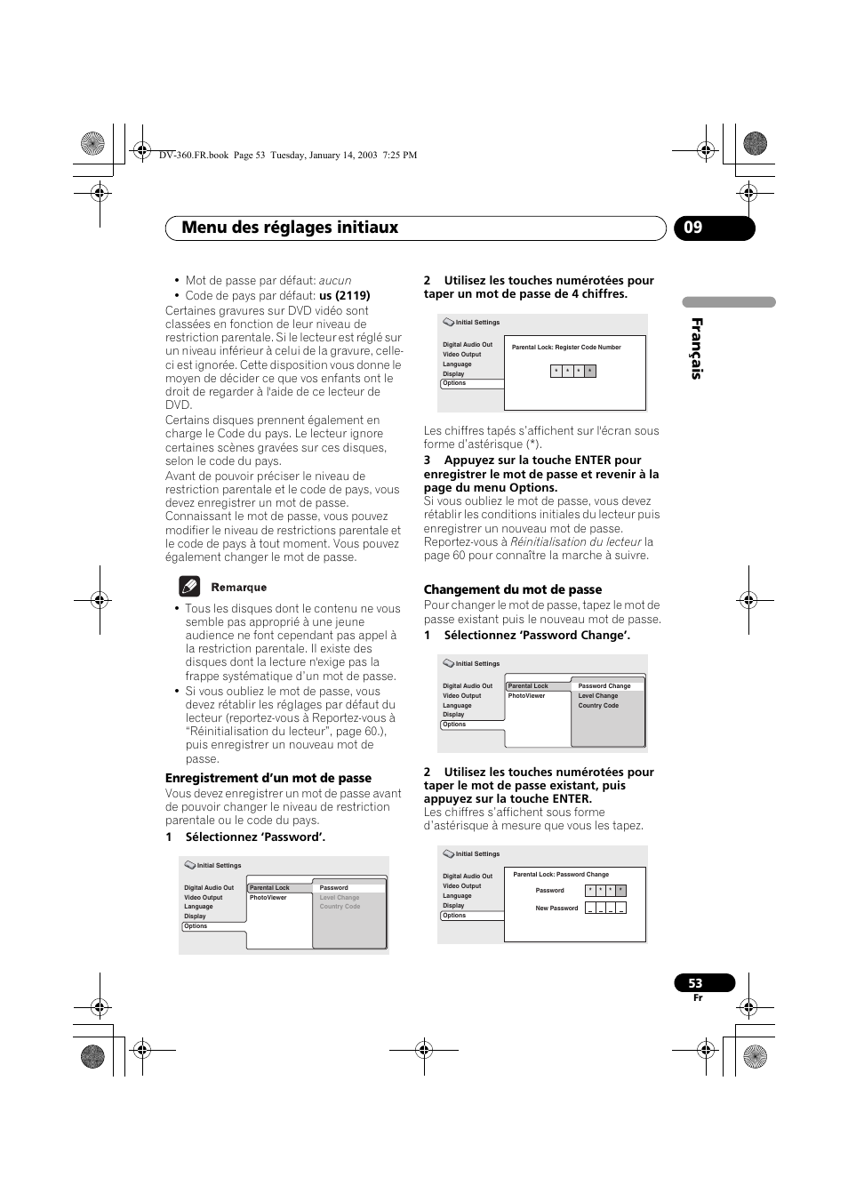 Menu des réglages initiaux 09, Français, Enregistrement d’un mot de passe | Changement du mot de passe | Pioneer DV-2650-S User Manual | Page 53 / 128