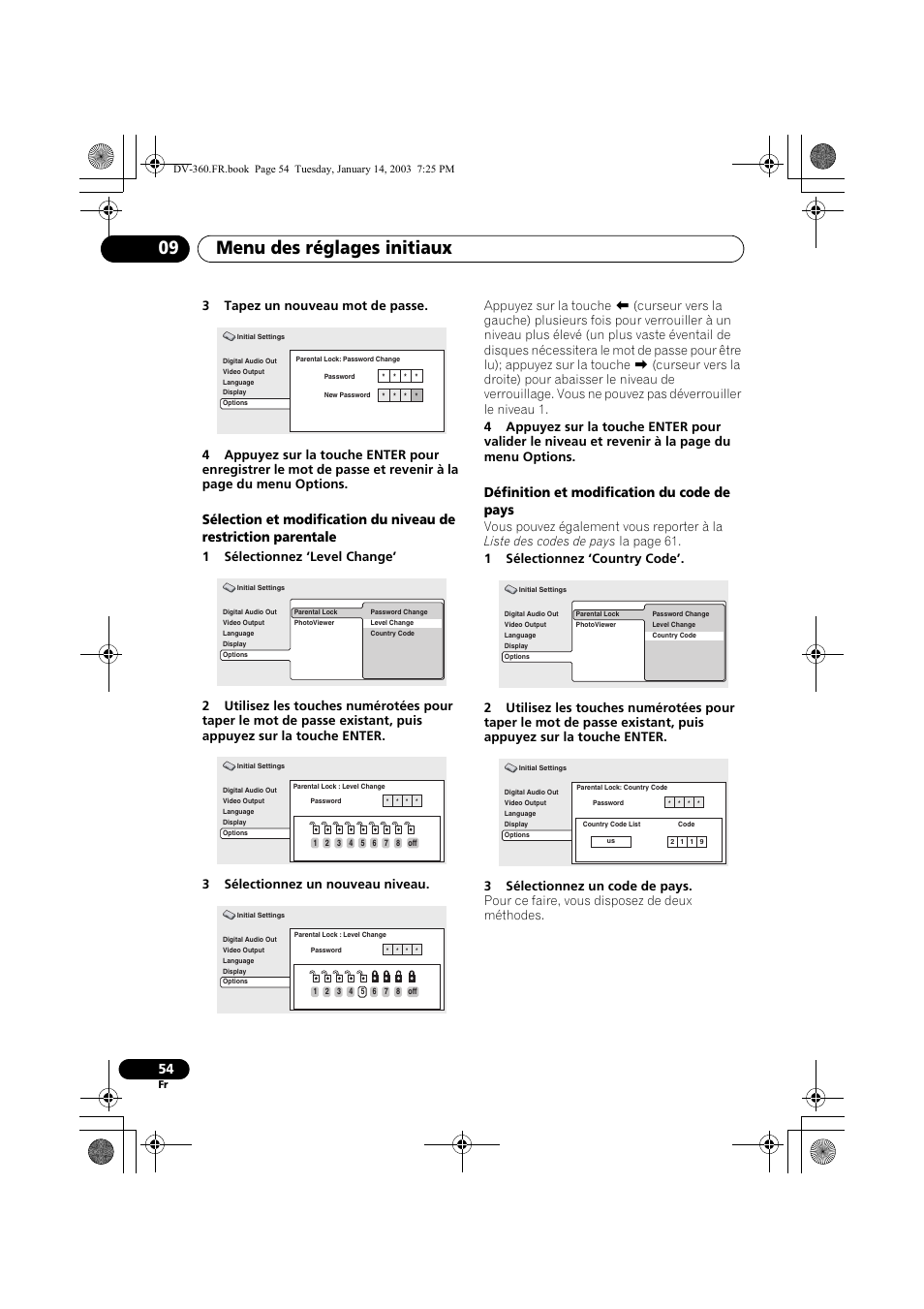 Menu des réglages initiaux 09, Définition et modification du code de pays | Pioneer DV-2650-S User Manual | Page 54 / 128