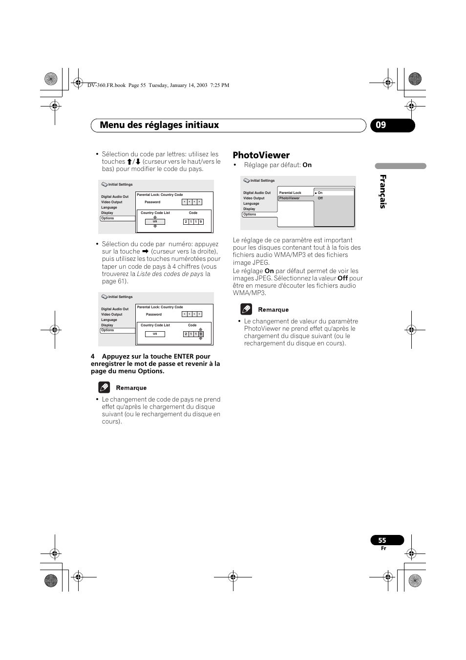 Photoviewer, Menu des réglages initiaux 09, Français | Pioneer DV-2650-S User Manual | Page 55 / 128