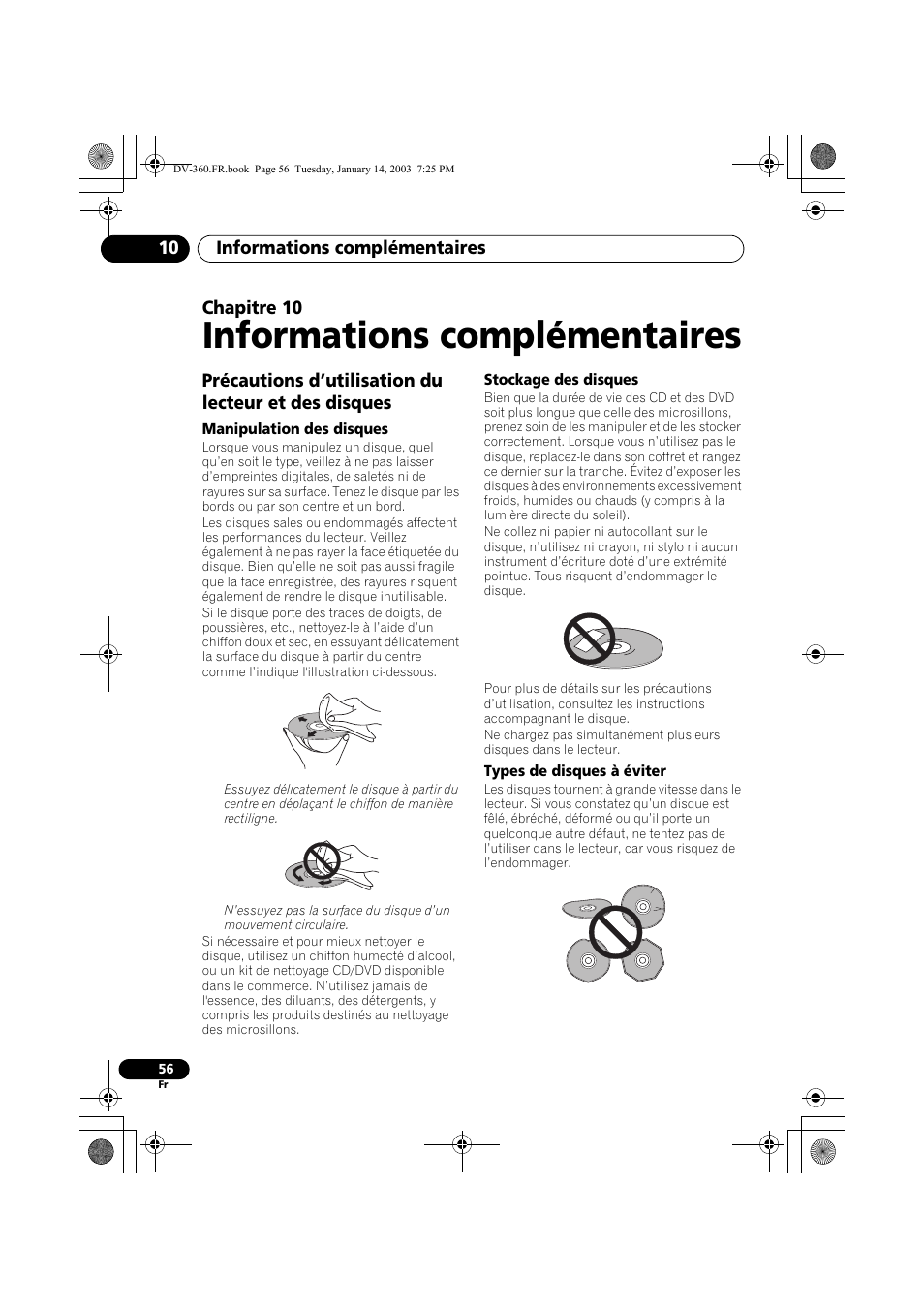 Manipulation des disques, Stockage des disques, Types de disques à éviter | Informations complémentaires | Pioneer DV-2650-S User Manual | Page 56 / 128