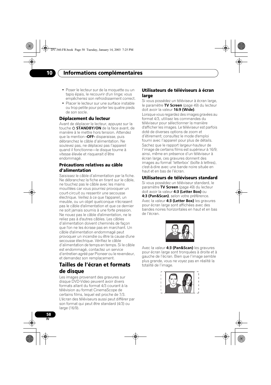 Déplacement du lecteur, Précautions relatives au câble d'alimentation, Tailles de l’écran et formats de disque | Utilisateurs de téléviseurs à écran large, Utilisateurs de téléviseurs standard, Informations complémentaires 10 | Pioneer DV-2650-S User Manual | Page 58 / 128
