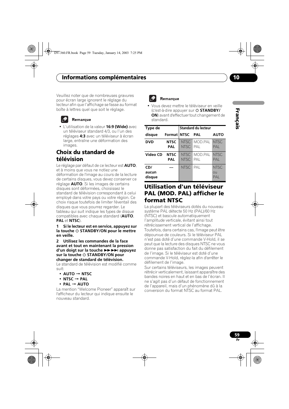 Choix du standard de télévision, Informations complémentaires 10 | Pioneer DV-2650-S User Manual | Page 59 / 128