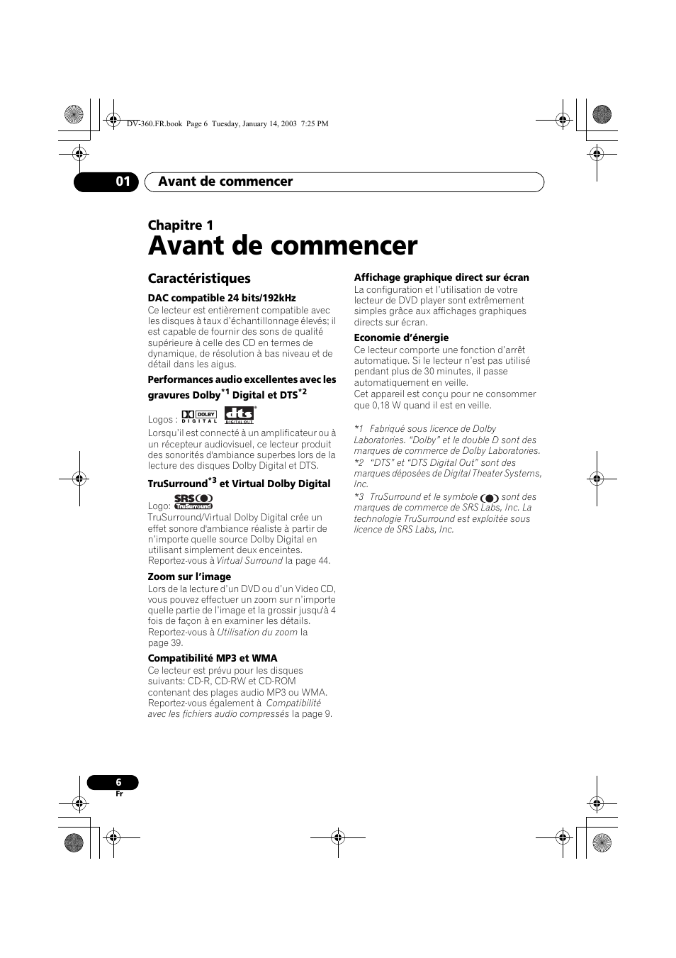 Caractéristiques, Avant de commencer, Avant de commencer 01 | Chapitre 1 | Pioneer DV-2650-S User Manual | Page 6 / 128