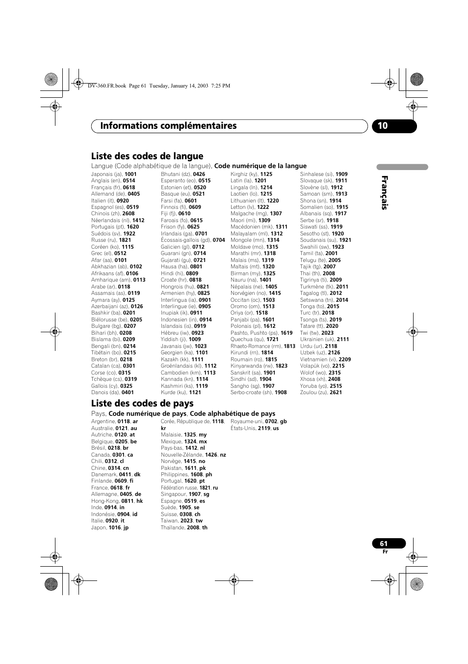 Liste des codes de langue, Liste des codes de pays, Informations complémentaires 10 | Français | Pioneer DV-2650-S User Manual | Page 61 / 128