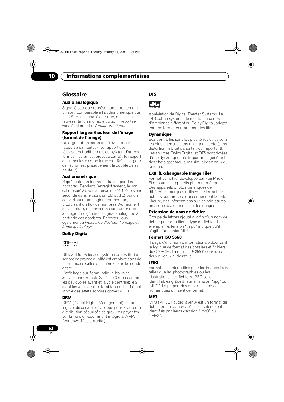 Glossaire, Informations complémentaires 10 | Pioneer DV-2650-S User Manual | Page 62 / 128