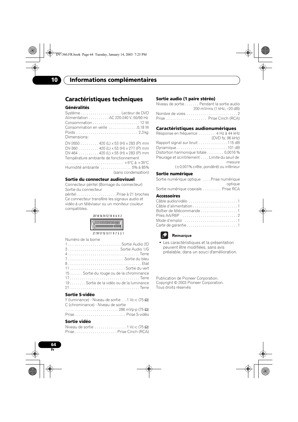Caractéristiques techniques, Informations complémentaires 10 | Pioneer DV-2650-S User Manual | Page 64 / 128