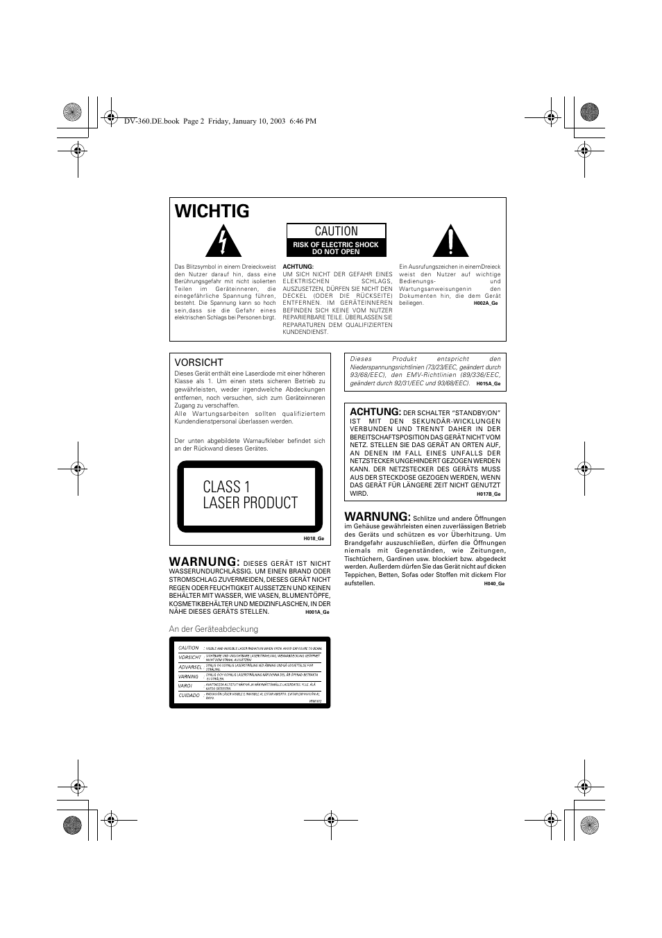 Wichtig, Class 1 laser product, Caution | Warnung | Pioneer DV-2650-S User Manual | Page 66 / 128