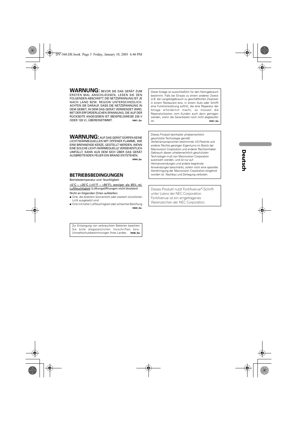 Warnung, Deutsch, Betriebsbedingungen | Pioneer DV-2650-S User Manual | Page 67 / 128