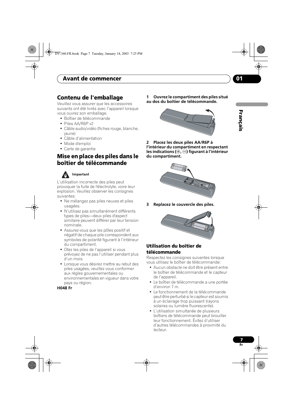 Contenu de l'emballage, Utilisation du boîtier de télécommande, Avant de commencer 01 | Pioneer DV-2650-S User Manual | Page 7 / 128