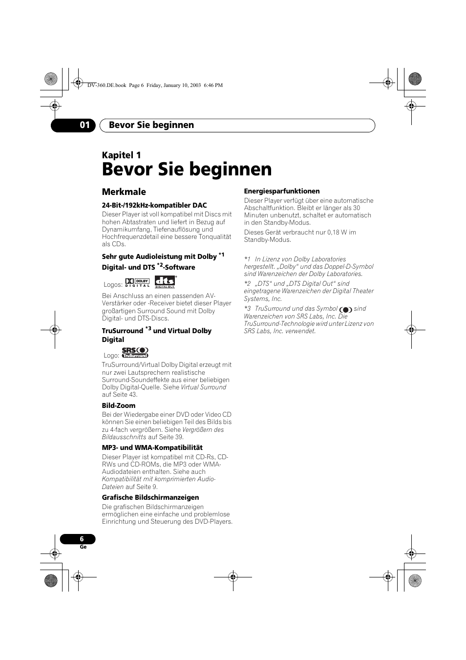 Merkmale, Bevor sie beginnen, Bevor sie beginnen 01 | Kapitel 1 | Pioneer DV-2650-S User Manual | Page 70 / 128