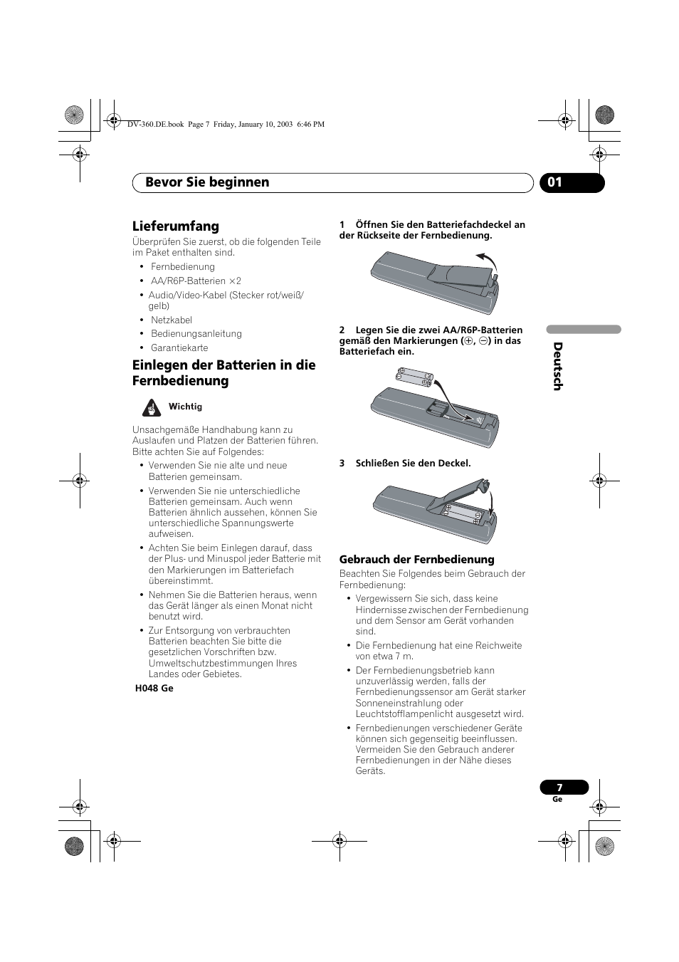 Lieferumfang, Einlegen der batterien in die fernbedienung, Gebrauch der fernbedienung | Bevor sie beginnen 01 | Pioneer DV-2650-S User Manual | Page 71 / 128