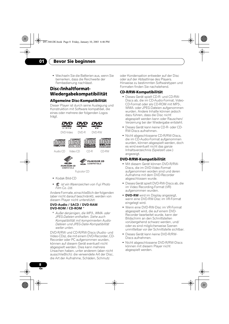 Disc-/inhaltformat- wiedergabekompatibilität, Allgemeine disc-kompatibilität, Cd-r/rw-kompatibilität | Dvd-r/rw-kompatibilität, Bevor sie beginnen 01 | Pioneer DV-2650-S User Manual | Page 72 / 128