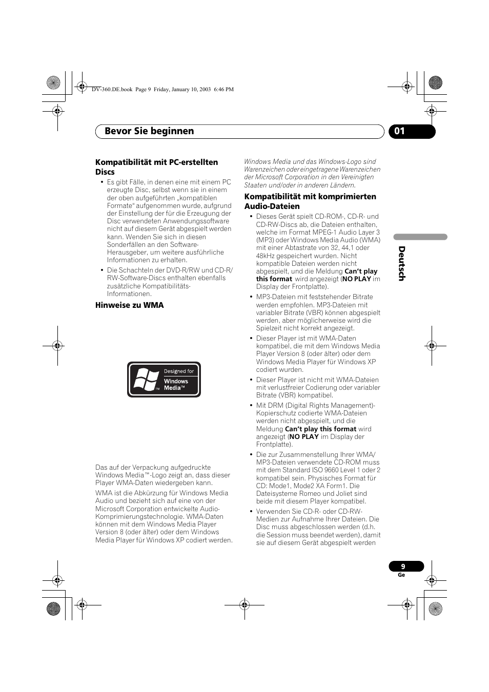 Kompatibilität mit pc-erstellten discs, Hinweise zu wma, Kompatibilität mit komprimierten audio- dateien | Bevor sie beginnen 01 | Pioneer DV-2650-S User Manual | Page 73 / 128