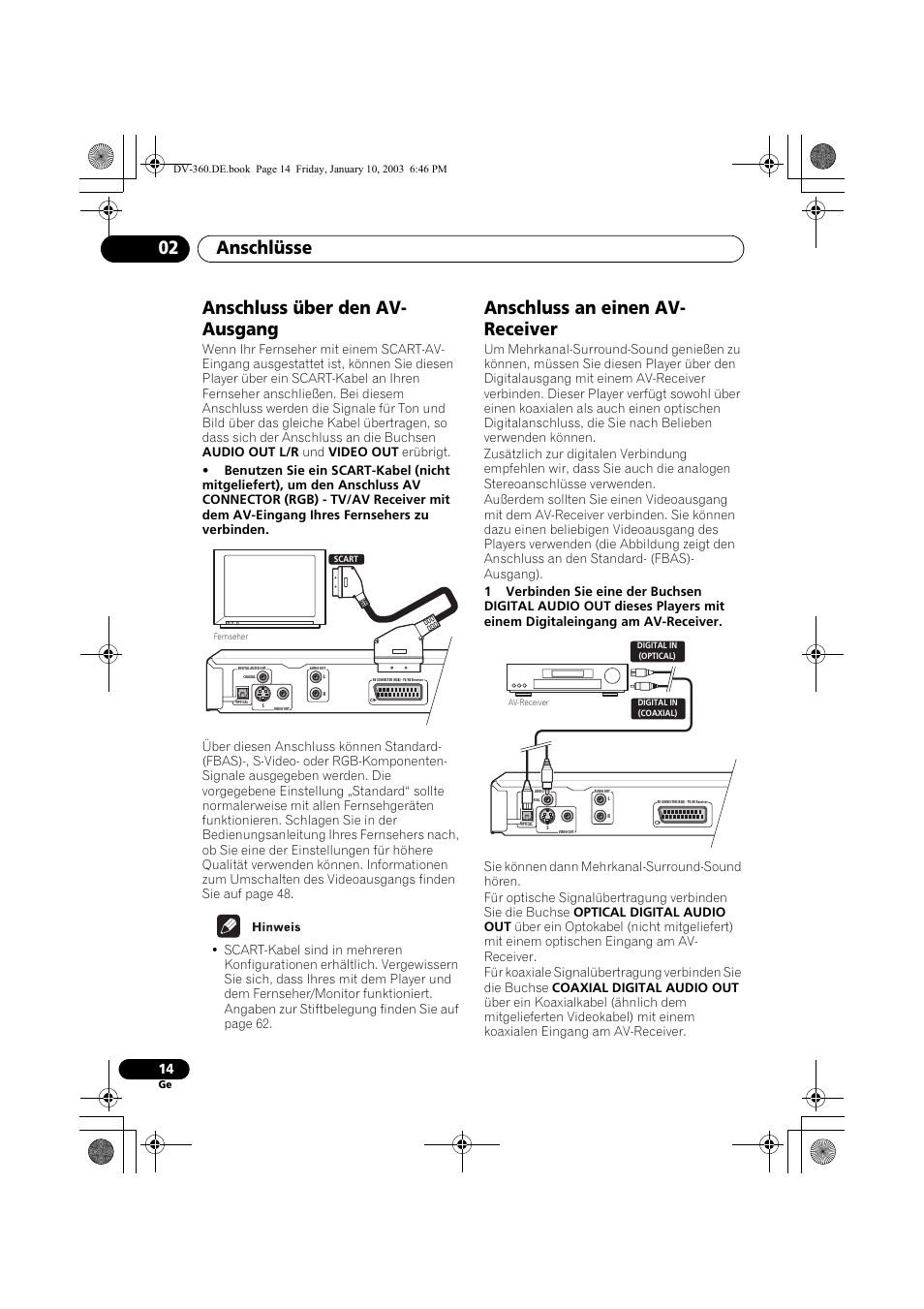 Anschluss über den av-ausgang, Anschluss an einen av-receiver, Anschlüsse 02 | Anschluss über den av- ausgang, Anschluss an einen av- receiver | Pioneer DV-2650-S User Manual | Page 78 / 128