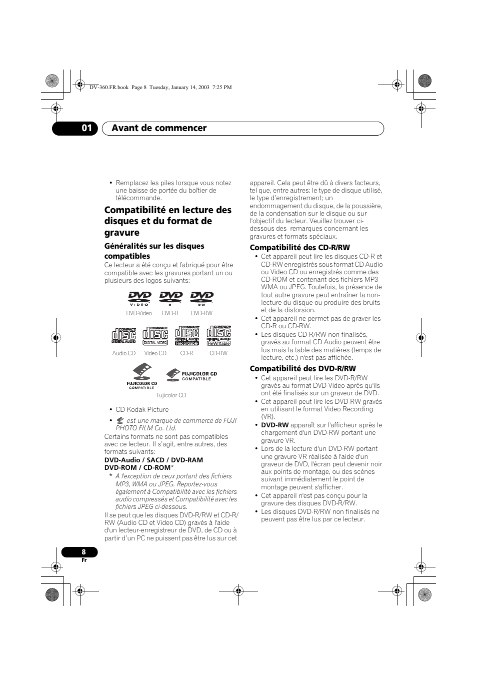 Généralités sur les disques compatibles, Compatibilité des cd-r/rw, Compatibilité des dvd-r/rw | Avant de commencer 01 | Pioneer DV-2650-S User Manual | Page 8 / 128