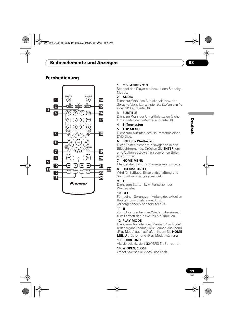 Fernbedienung, Bedienelemente und anzeigen 03, Deutsch | Pioneer DV-2650-S User Manual | Page 83 / 128