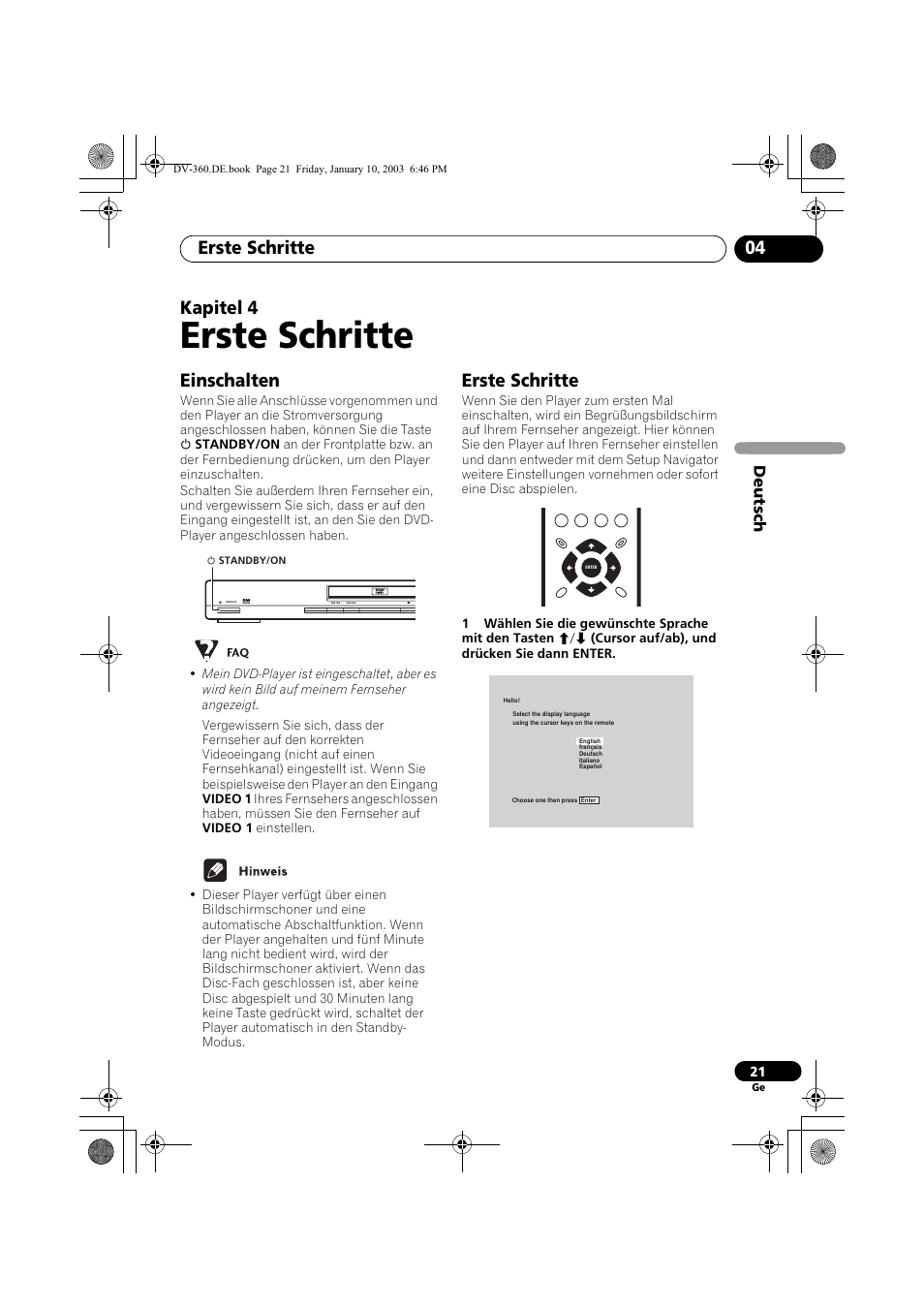 Einschalten, Erste schritte, Erste schritte 04 | Kapitel 4, Deutsch | Pioneer DV-2650-S User Manual | Page 85 / 128