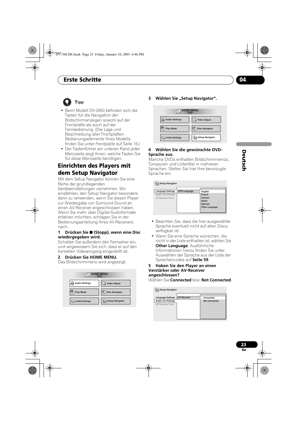 Einrichten des players mit dem setup navigator, Erste schritte 04, Deutsch | Pioneer DV-2650-S User Manual | Page 87 / 128