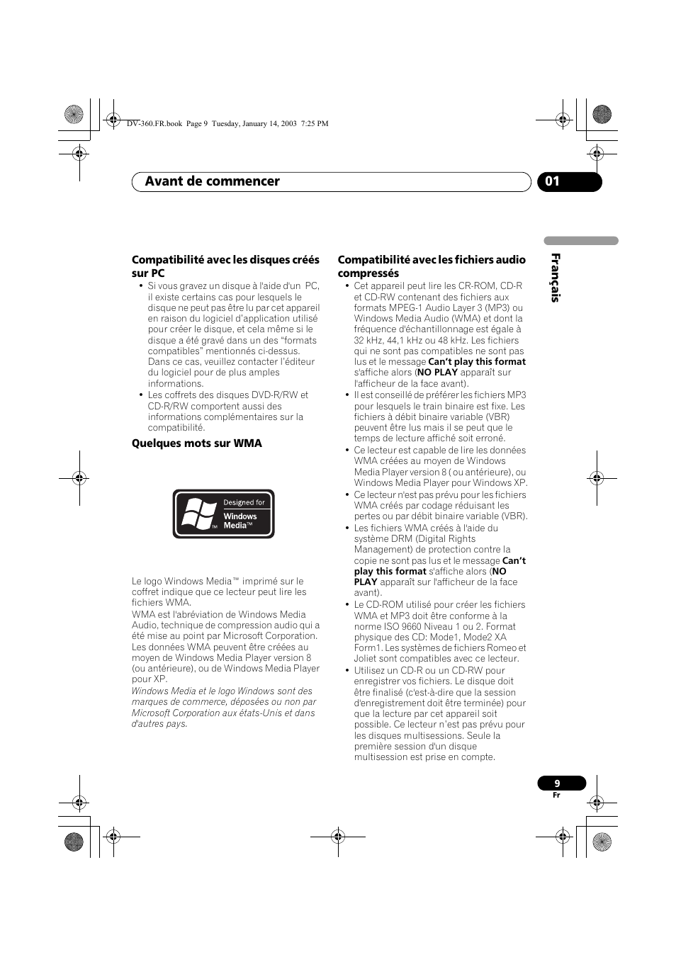 Compatibilité avec les disques créés sur pc, Quelques mots sur wma, Compatibilité avec les fichiers audio compressés | Avant de commencer 01 | Pioneer DV-2650-S User Manual | Page 9 / 128