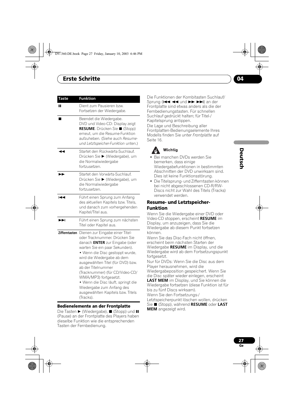 Resume- und letztspeicher-funktion, Erste schritte 04 | Pioneer DV-2650-S User Manual | Page 91 / 128