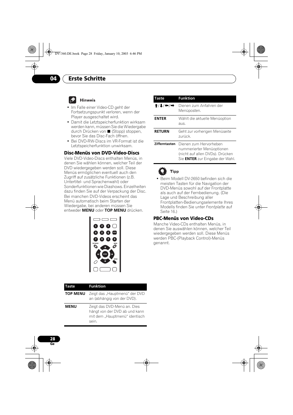 Disc-menüs von dvd-video-discs, Pbc-menüs von video-cds, Erste schritte 04 | Pioneer DV-2650-S User Manual | Page 92 / 128