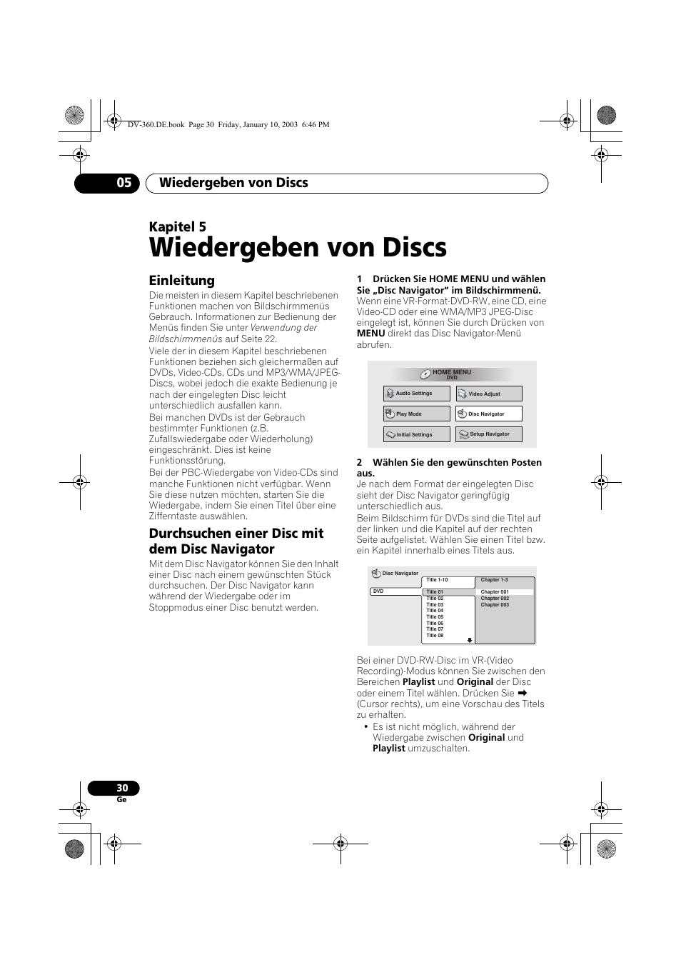 Einleitung, Durchsuchen einer disc mit dem disc navigator, Wiedergeben von discs | Wiedergeben von discs 05, Kapitel 5 | Pioneer DV-2650-S User Manual | Page 94 / 128