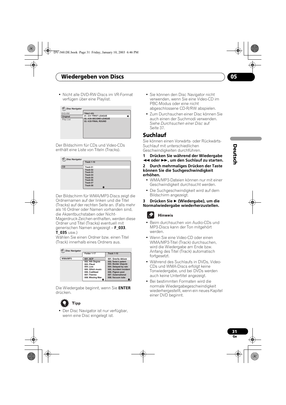 Suchlauf, Wiedergeben von discs 05, Deutsch | Pioneer DV-2650-S User Manual | Page 95 / 128
