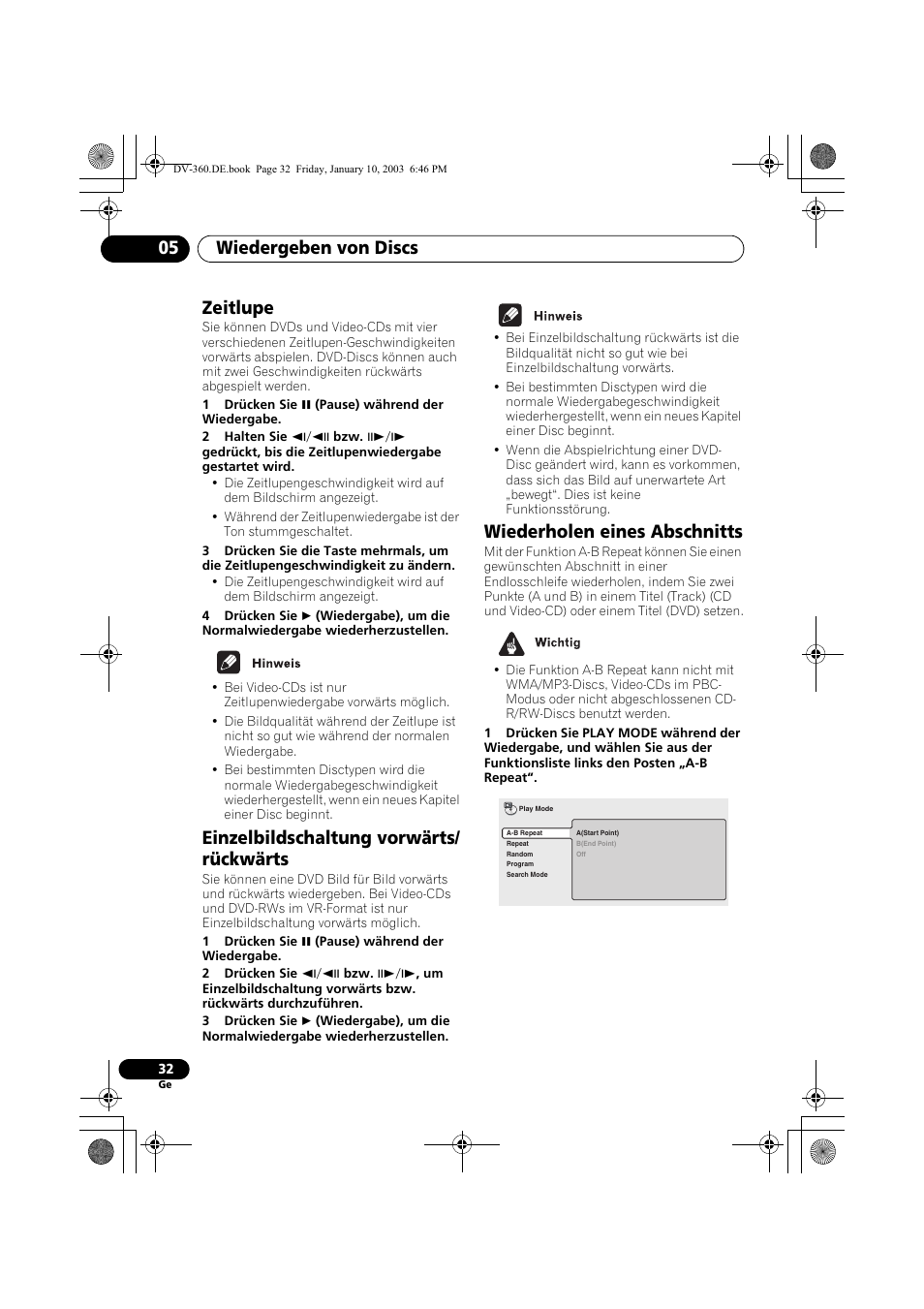 Zeitlupe, Einzelbildschaltung vorwärts/rückwärts, Wiederholen eines abschnitts | Wiedergeben von discs 05, Einzelbildschaltung vorwärts/ rückwärts | Pioneer DV-2650-S User Manual | Page 96 / 128
