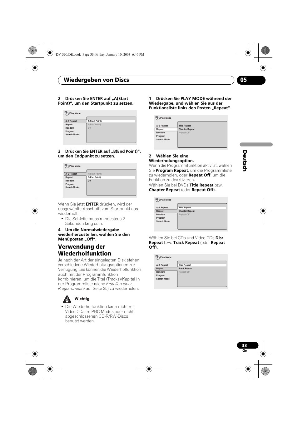 Verwendung der wiederholfunktion, Wiedergeben von discs 05, Deutsch | Pioneer DV-2650-S User Manual | Page 97 / 128